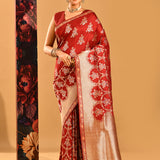 Dusky Red With Foral Butti In Banarasi Silk Saree
