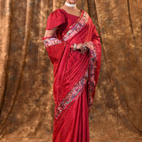 Dark Magenta Pink Embroidered Tussar Saree