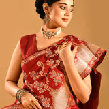 Dusky Red With Foral Butti In Banarasi Silk Saree