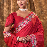 Dark Magenta Pink Embroidered Tussar Saree