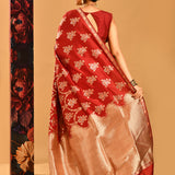 Dusky Red With Foral Butti In Banarasi Silk Saree