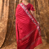 Dark Magenta Pink Embroidered Tussar Saree