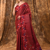 Dark Red Embroidered Tussar Silk Saree