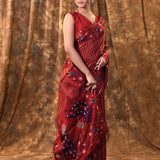 Dark Red Embroidered Tussar Silk Saree