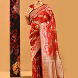 Brick Red Vertical Floral Jaal Banarasi Silk Saree