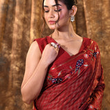 Dark Red Embroidered Tussar Silk Saree