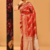 Brick Red Vertical Floral Jaal Banarasi Silk Saree