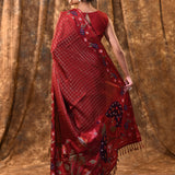 Dark Red Embroidered Tussar Silk Saree