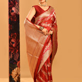 Brick Red Vertical Floral Jaal Banarasi Silk Saree
