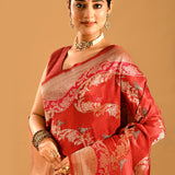 Brick Red Vertical Floral Jaal Banarasi Silk Saree