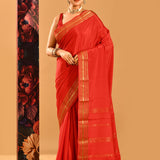 Vermilion Red Plain Saree With Highlighted Border In Banarasi Silk Saree