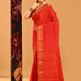 Vermilion Red Plain Saree With Highlighted Border In Banarasi Silk Saree