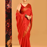 Vermilion Red Plain Saree With Highlighted Border In Banarasi Silk Saree