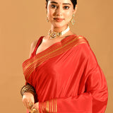 Vermilion Red Plain Saree With Highlighted Border In Banarasi Silk Saree