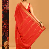 Vermilion Red Plain Saree With Highlighted Border In Banarasi Silk Saree