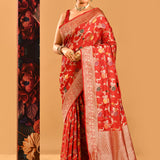Crimson Red Floral Meenakari And Gold Zari Border In Banarasi Silk Saree
