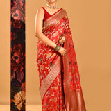 Crimson Red Floral Meenakari And Gold Zari Border In Banarasi Silk Saree