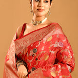 Crimson Red Floral Meenakari And Gold Zari Border In Banarasi Silk Saree