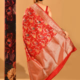 Crimson Red Floral Meenakari And Gold Zari Border In Banarasi Silk Saree