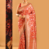 Red With Gold Damask And Scalloped Shell Border Banarasi Silk Saree