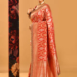 Red With Gold Damask And Scalloped Shell Border Banarasi Silk Saree