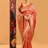 Red With Gold Damask And Scalloped Shell Border Banarasi Silk Saree