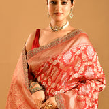 Red With Gold Damask And Scalloped Shell Border Banarasi Silk Saree
