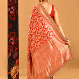 Red With Gold Damask And Scalloped Shell Border Banarasi Silk Saree
