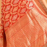 Red With Gold Damask And Scalloped Shell Border Banarasi Silk Saree