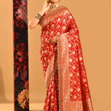 Red With Gold Floral Butti And Gold Zari Border Banarasi Silk Saree