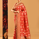 Red With Gold Floral Butti And Gold Zari Border Banarasi Silk Saree