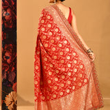 Red With Gold Floral Butti And Gold Zari Border Banarasi Silk Saree