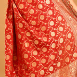 Red With Gold Floral Butti And Gold Zari Border Banarasi Silk Saree