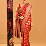 Red With Gold Floral Butti And Gold Zari Border Banarasi Silk Saree