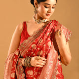 Red With Gold Floral Butti And Gold Zari Border Banarasi Silk Saree