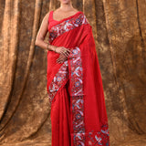 Bright Red Embroidered Tussar Saree