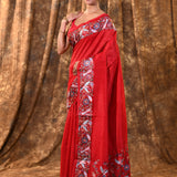 Bright Red Embroidered Tussar Saree