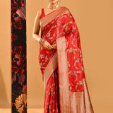 Red Meenakari Floral Vine Banarasi Silk Saree