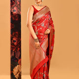 Red Meenakari Floral Vine Banarasi Silk Saree