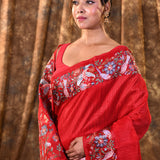Bright Red Embroidered Tussar Saree