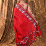 Bright Red Embroidered Tussar Saree