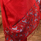 Bright Red Embroidered Tussar Saree