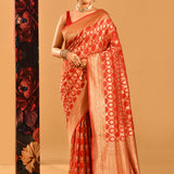 Vibrant Red With Ornate Gold Jaal & Gold Zari Border Banarasi Silk Saree