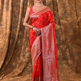 Bright Red Floral Butti Banarasi Silk Saree