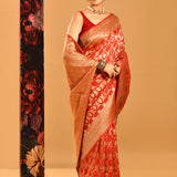 Vibrant Red With Ornate Gold Jaal & Gold Zari Border Banarasi Silk Saree