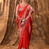 Bright Red Floral Butti Banarasi Silk Saree