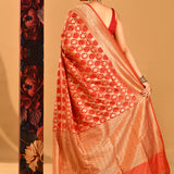 Vibrant Red With Ornate Gold Jaal & Gold Zari Border Banarasi Silk Saree