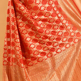 Vibrant Red With Ornate Gold Jaal & Gold Zari Border Banarasi Silk Saree