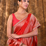 Bright Red Floral Butti Banarasi Silk Saree