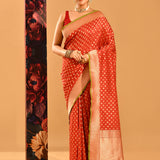 Red With Gold Zari Butti And Green Border Banarasi Silk Saree